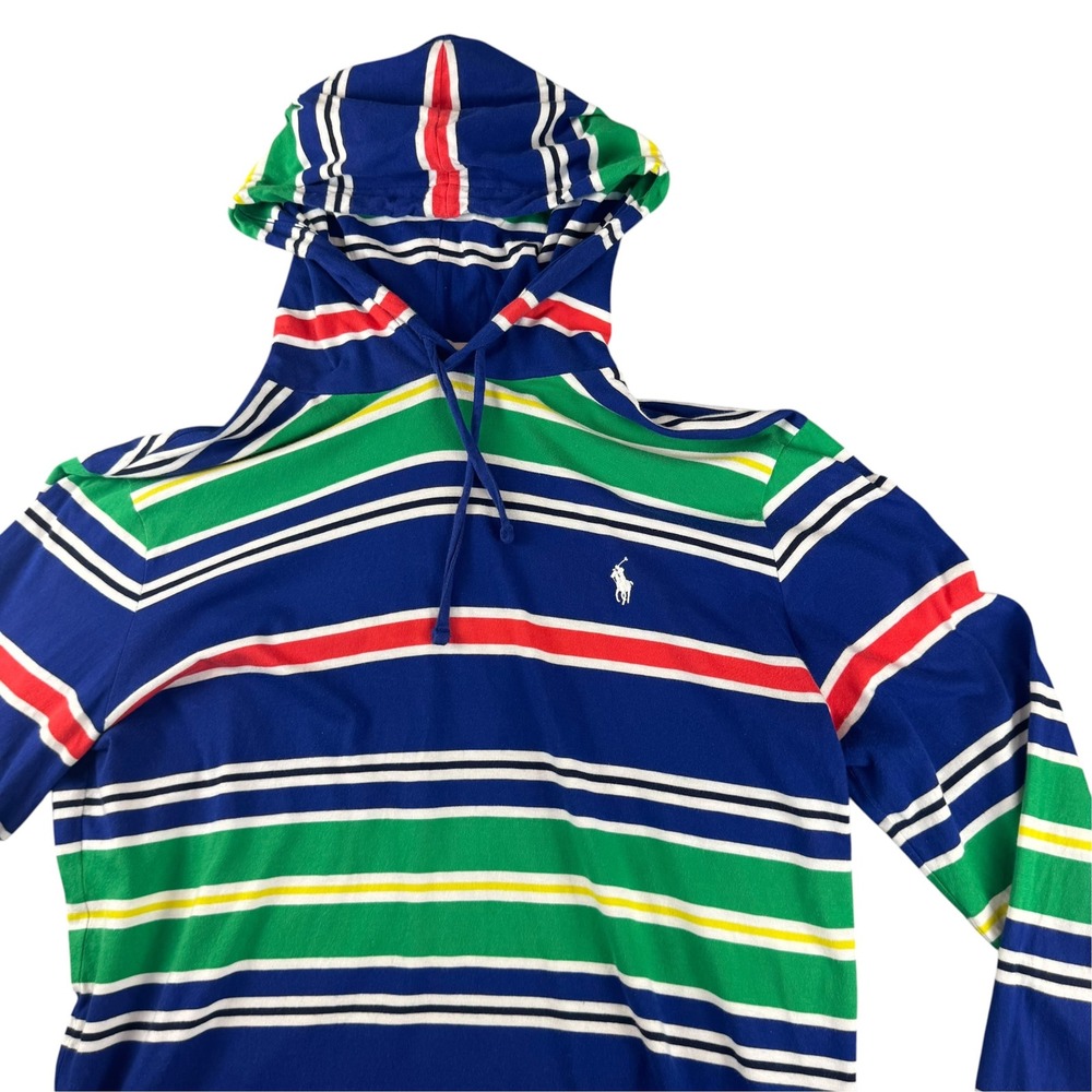 Polo Ralph Lauren Mens Large Blue Multi Stripe Hooded Long Sleeve T-Shirt Hoodie